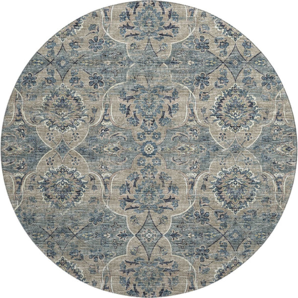 HomeRoots 8' Denim Blue & Gray Floral Medallion Round Rug - Washable, UV Protection, Perfect for Any Room! 644595