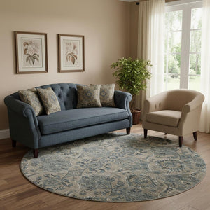 HomeRoots 8' Denim Blue & Gray Floral Medallion Round Rug - Washable, UV Protection, Perfect for Any Room! 644595