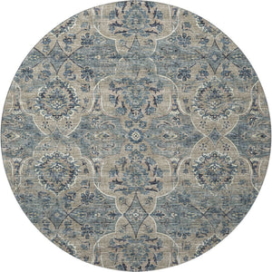 HomeRoots 8' Denim Blue & Gray Floral Medallion Round Rug - Washable, UV Protection, Perfect for Any Room! 644595