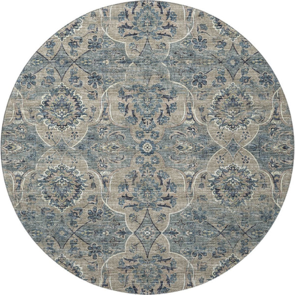 HomeRoots 8' Denim Blue & Gray Floral Medallion Round Rug - Washable, UV Protection, Perfect for Any Room! 644595