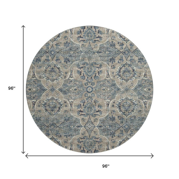 HomeRoots 8' Denim Blue & Gray Floral Medallion Round Rug - Washable, UV Protection, Perfect for Any Room! 644595