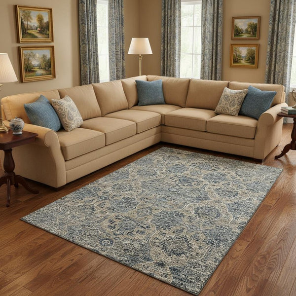 HomeRoots 8' X 10' Denim Blue & Gray Floral Medallion Area Rug – Washable, UV-Protected for Homes with Kids & Pets 644596