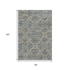 HomeRoots 8' X 10' Denim Blue & Gray Floral Medallion Area Rug – Washable, UV-Protected for Homes with Kids & Pets 644596