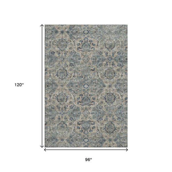 HomeRoots 8' X 10' Denim Blue & Gray Floral Medallion Area Rug – Washable, UV-Protected for Homes with Kids & Pets 644596