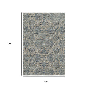 HomeRoots 9' X 12' Denim Blue & Gray Floral Medallion Rug - Washable, Stain Resistant, UV Protected for Homes 644597