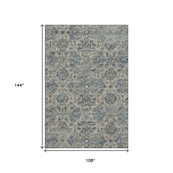 HomeRoots 9' X 12' Denim Blue & Gray Floral Medallion Rug - Washable, Stain Resistant, UV Protected for Homes 644597