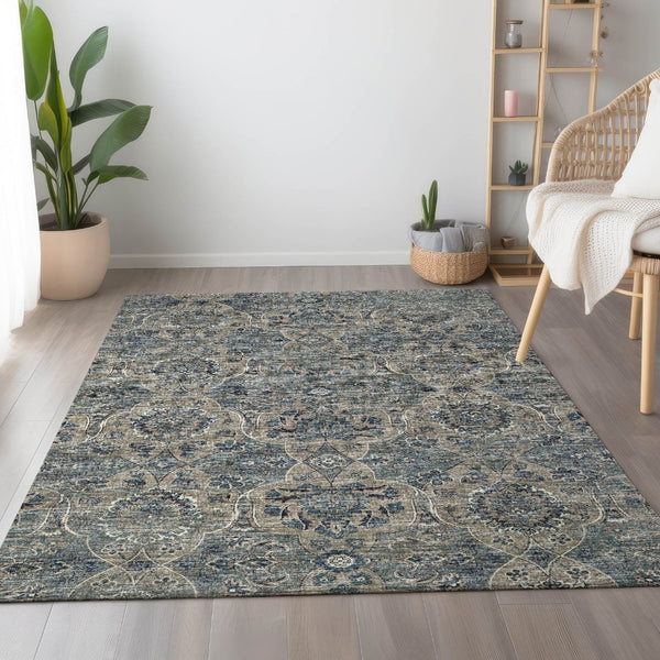 HomeRoots 9' X 12' Denim Blue & Gray Floral Medallion Rug - Washable, Stain Resistant, UV Protected for Homes 644597
