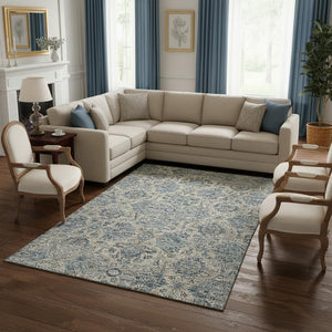 HomeRoots 9' X 12' Denim Blue & Gray Floral Medallion Rug - Washable, Stain Resistant, UV Protected for Homes 644597
