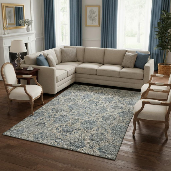 HomeRoots 9' X 12' Denim Blue & Gray Floral Medallion Rug - Washable, Stain Resistant, UV Protected for Homes 644597