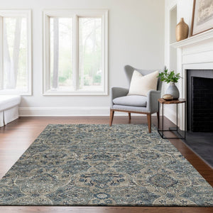 HomeRoots 9' X 12' Denim Blue & Gray Floral Medallion Rug - Washable, Stain Resistant, UV Protected for Homes 644597