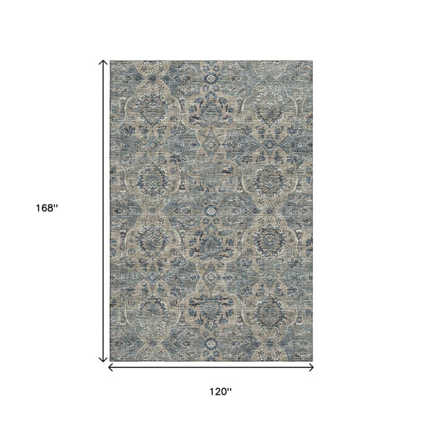 HomeRoots 10' Denim Blue & Gray Floral Medallion Washable Area Rug - UV Protected, Stain Resistant, Durable Design 644598