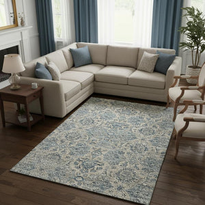 HomeRoots 10' Denim Blue & Gray Floral Medallion Washable Area Rug - UV Protected, Stain Resistant, Durable Design 644598