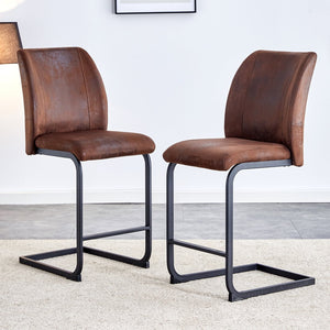 English Elm A set of two brown chairs with suede cushions and black metal legs, compact modern dining stools for cozy spaces W1151P144808