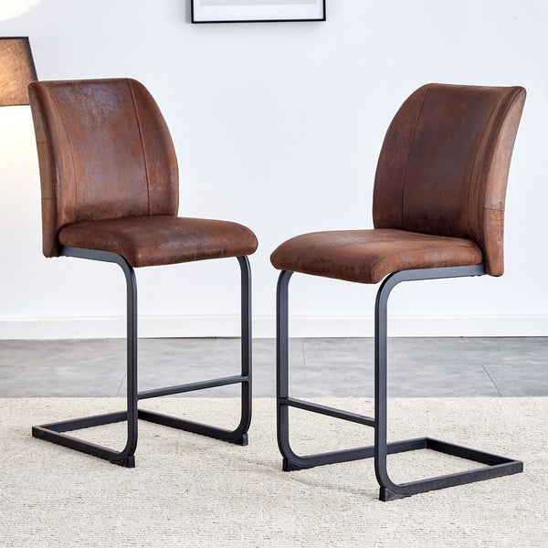 English Elm A set of two brown chairs with suede cushions and black metal legs, compact modern dining stools for cozy spaces W1151P144808