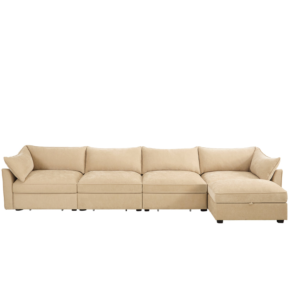 English Elm L-Shaped Modular Sofa With Movable Footstool, Storage Drawers, Crescent Armrests & Chenille Fabric W3041S00180