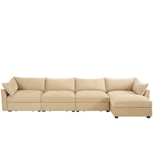 English Elm L-Shaped Modular Sofa With Movable Footstool, Storage Drawers, Crescent Armrests & Chenille Fabric W3041S00180