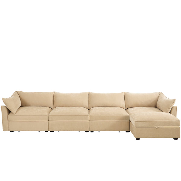 English Elm L-Shaped Modular Sofa With Movable Footstool, Storage Drawers, Crescent Armrests & Chenille Fabric W3041S00180