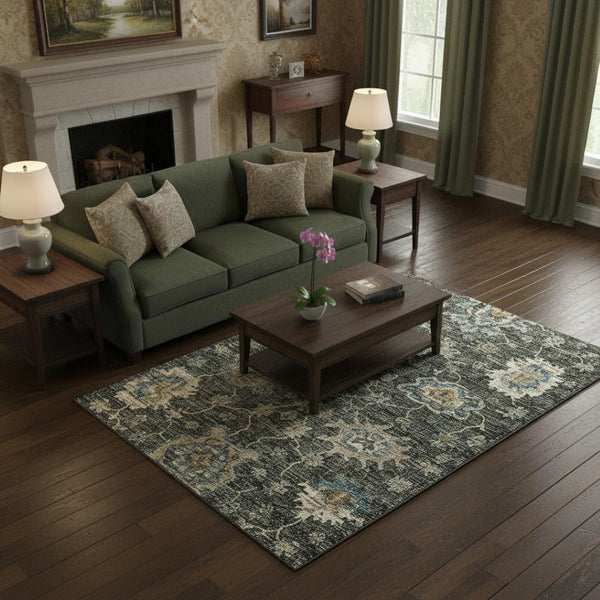 HomeRoots 5' X 8' Charcoal Blue & Gold Floral Medallion Rug - Washable, UV Protected, Stain Resistant Design 644600