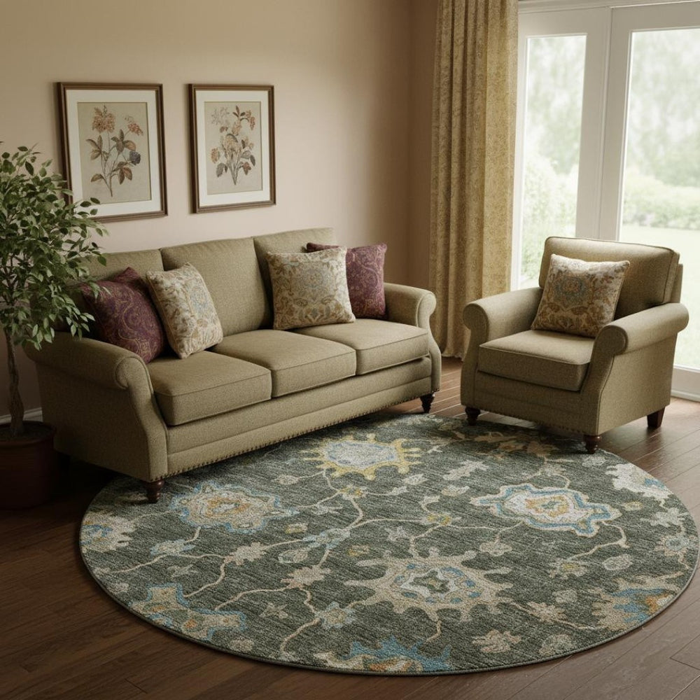 HomeRoots 8' Charcoal Blue & Gold Floral Medallion Round Rug - Washable, Stain-Resistant, UV Protected Elegance 644601