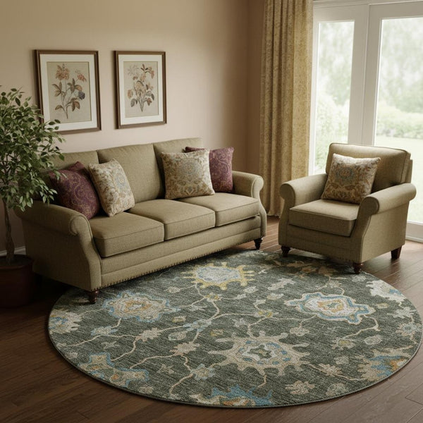 HomeRoots 8' Charcoal Blue & Gold Floral Medallion Round Rug - Washable, Stain-Resistant, UV Protected Elegance 644601