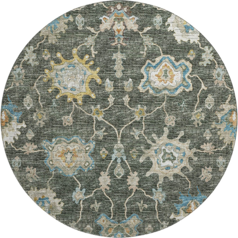 HomeRoots 8' Charcoal Blue & Gold Floral Medallion Round Rug - Washable, Stain-Resistant, UV Protected Elegance 644601