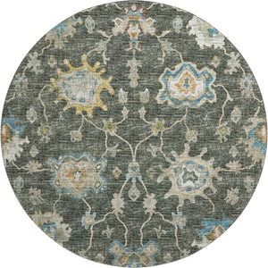 HomeRoots 8' Charcoal Blue & Gold Floral Medallion Round Rug - Washable, Stain-Resistant, UV Protected Elegance 644601