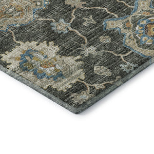 HomeRoots 8' Charcoal Blue & Gold Floral Medallion Round Rug - Washable, Stain-Resistant, UV Protected Elegance 644601