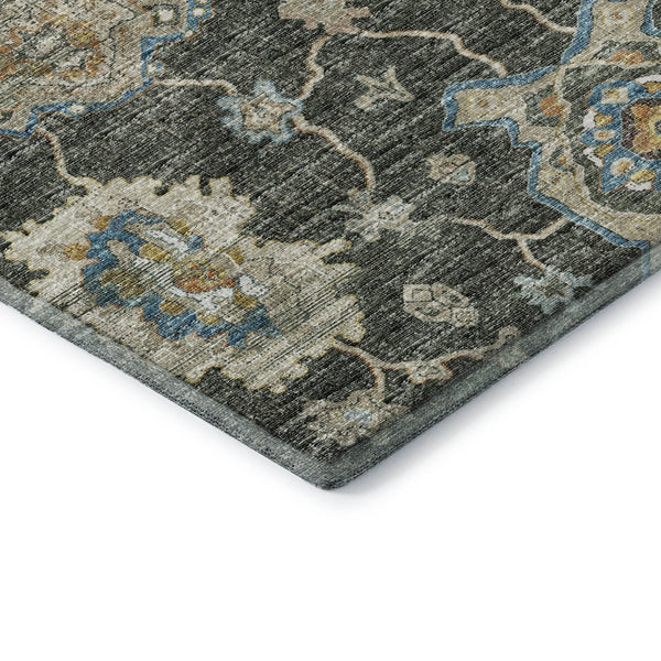 HomeRoots 8' Charcoal Blue & Gold Floral Medallion Round Rug - Washable, Stain-Resistant, UV Protected Elegance 644601
