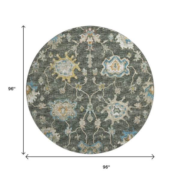 HomeRoots 8' Charcoal Blue & Gold Floral Medallion Round Rug - Washable, Stain-Resistant, UV Protected Elegance 644601