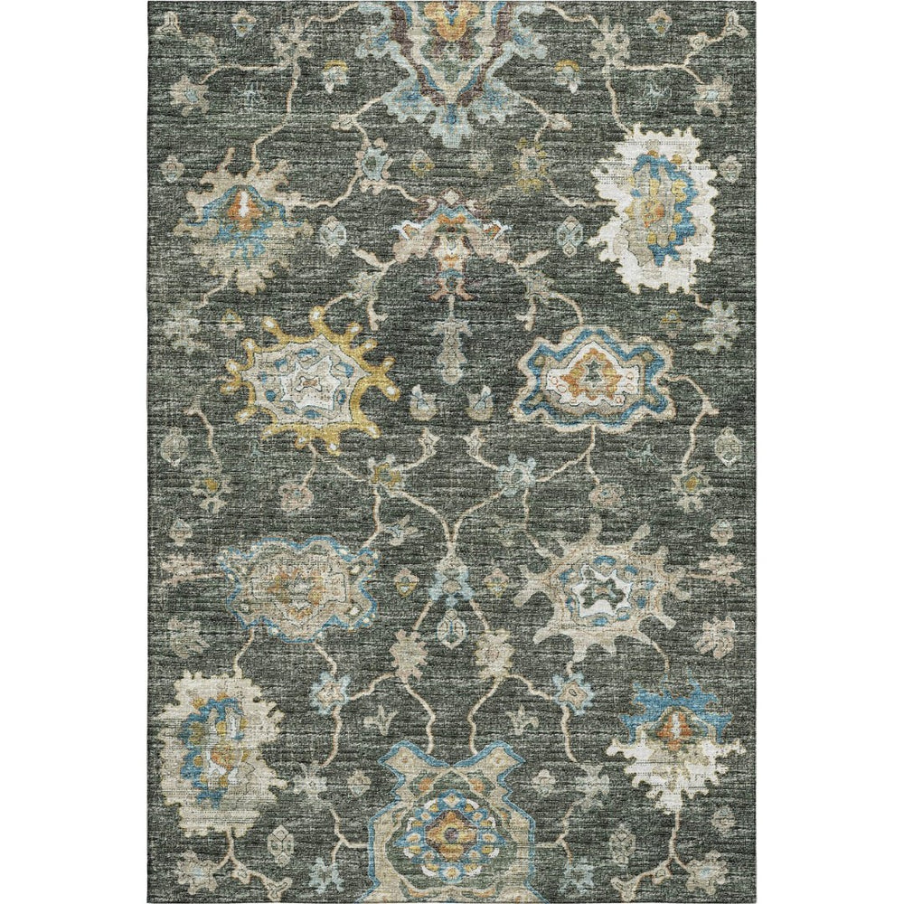 HomeRoots 8' X 10' Charcoal Blue & Gold Floral Medallion Rug - Washable, UV Protected, Ideal for High-Traffic Areas 644602