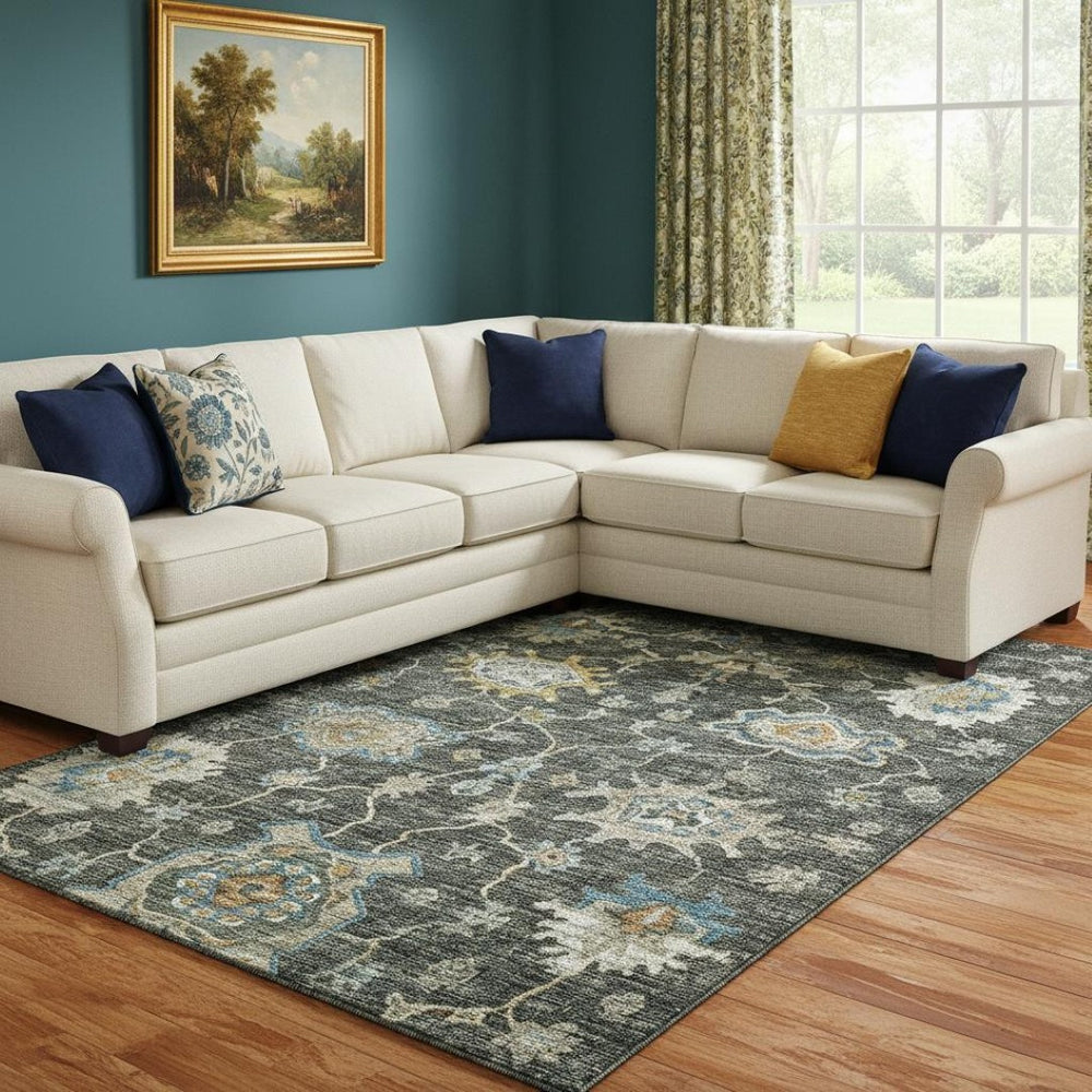 HomeRoots 8' X 10' Charcoal Blue & Gold Floral Medallion Rug - Washable, UV Protected, Ideal for High-Traffic Areas 644602