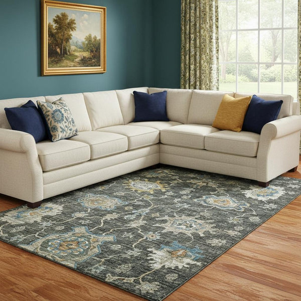 HomeRoots 8' X 10' Charcoal Blue & Gold Floral Medallion Rug - Washable, UV Protected, Ideal for High-Traffic Areas 644602