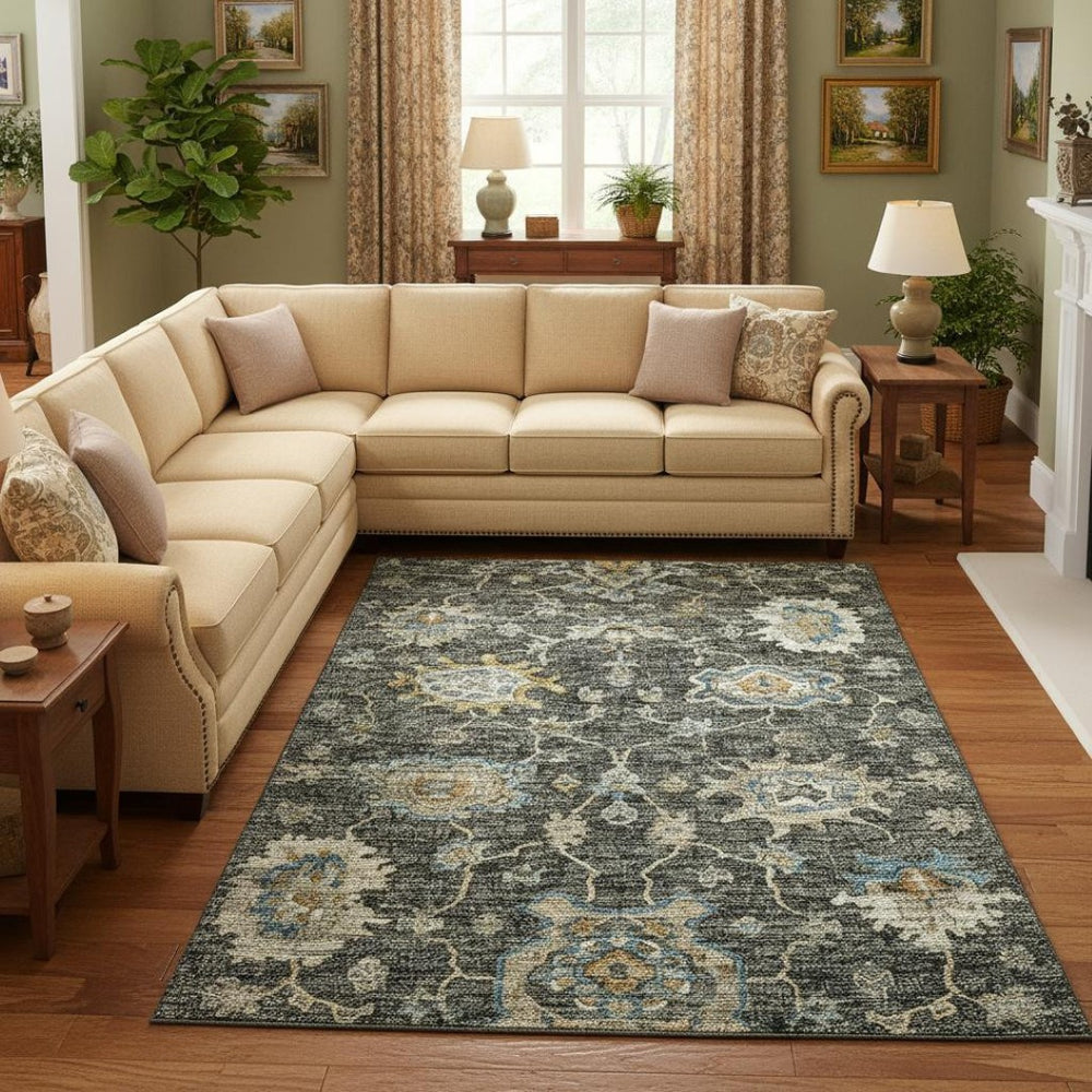 HomeRoots 9' X 12' Charcoal Blue & Gold Floral Medallion Area Rug - Washable, UV Protected, Stain Resistant Elegance 644603