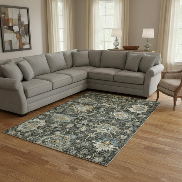 HomeRoots 10' Charcoal Blue & Gold Floral Medallion Area Rug - Washable, UV-Protected, Durable & Stylish! 644604