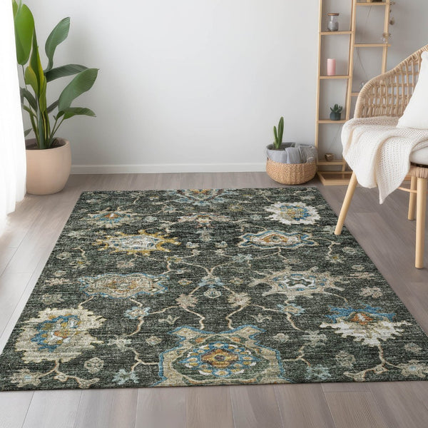 HomeRoots 10' Charcoal Blue & Gold Floral Medallion Area Rug - Washable, UV-Protected, Durable & Stylish! 644604