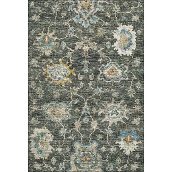 HomeRoots 10' Charcoal Blue & Gold Floral Medallion Area Rug - Washable, UV-Protected, Durable & Stylish! 644604