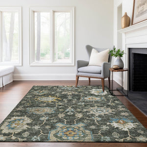 HomeRoots 10' Charcoal Blue & Gold Floral Medallion Area Rug - Washable, UV-Protected, Durable & Stylish! 644604