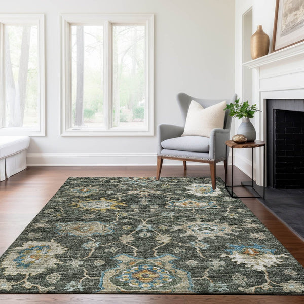 HomeRoots 10' Charcoal Blue & Gold Floral Medallion Area Rug - Washable, UV-Protected, Durable & Stylish! 644604