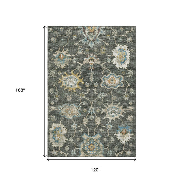 HomeRoots 10' Charcoal Blue & Gold Floral Medallion Area Rug - Washable, UV-Protected, Durable & Stylish! 644604