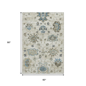 HomeRoots 5' X 8' Elegant Blue Ivory Gray Floral Medallion Area Rug – Washable, UV Protected, Durable Design 644606