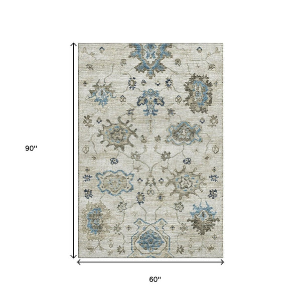 HomeRoots 5' X 8' Elegant Blue Ivory Gray Floral Medallion Area Rug – Washable, UV Protected, Durable Design 644606
