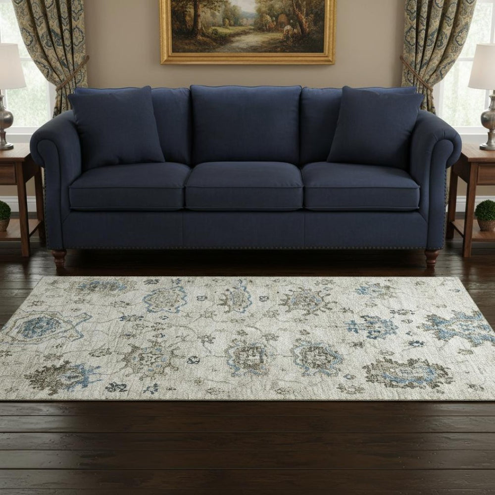 HomeRoots 5' X 8' Elegant Blue Ivory Gray Floral Medallion Area Rug – Washable, UV Protected, Durable Design 644606