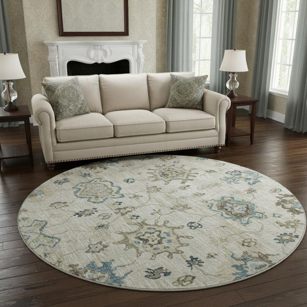 HomeRoots 8' Elegant Blue Ivory Gray Floral Medallion Round Rug - Washable, UV Protected, Stain Resistant 644607