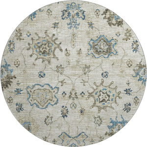 HomeRoots 8' Elegant Blue Ivory Gray Floral Medallion Round Rug - Washable, UV Protected, Stain Resistant 644607