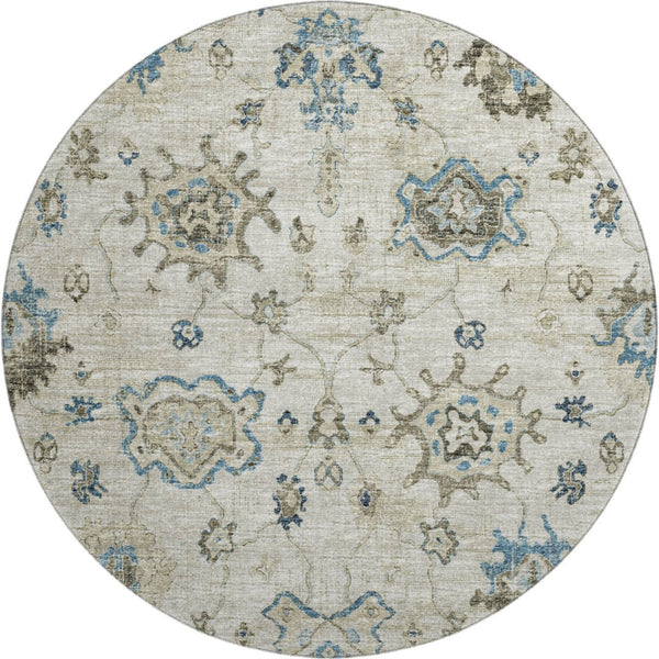 HomeRoots 8' Elegant Blue Ivory Gray Floral Medallion Round Rug - Washable, UV Protected, Stain Resistant 644607