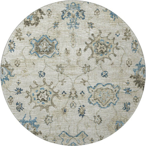 HomeRoots 8' Elegant Blue Ivory Gray Floral Medallion Round Rug - Washable, UV Protected, Stain Resistant 644607