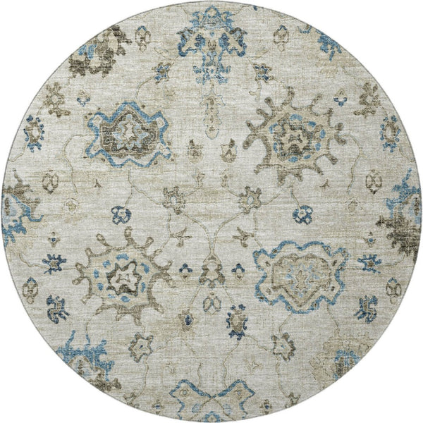 HomeRoots 8' Elegant Blue Ivory Gray Floral Medallion Round Rug - Washable, UV Protected, Stain Resistant 644607