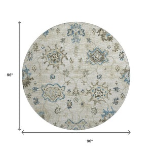 HomeRoots 8' Elegant Blue Ivory Gray Floral Medallion Round Rug - Washable, UV Protected, Stain Resistant 644607