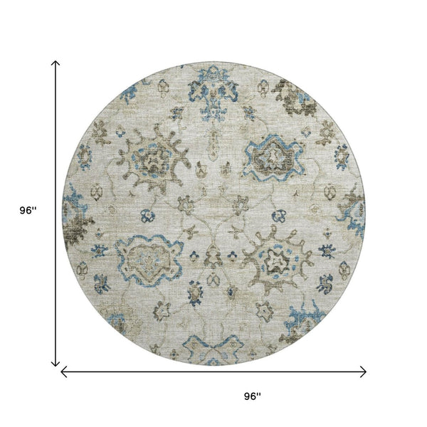 HomeRoots 8' Elegant Blue Ivory Gray Floral Medallion Round Rug - Washable, UV Protected, Stain Resistant 644607