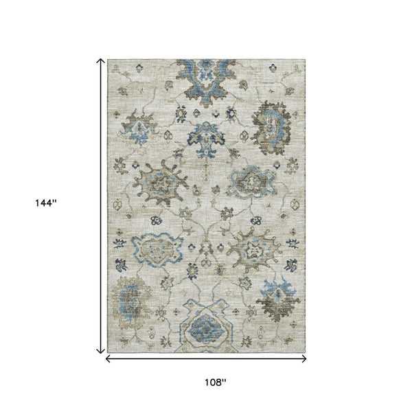 HomeRoots 9' X 12' Elegant Blue Ivory Gray Floral Medallion Rug - Washable, Stain-Resistant & UV Protected! 644609